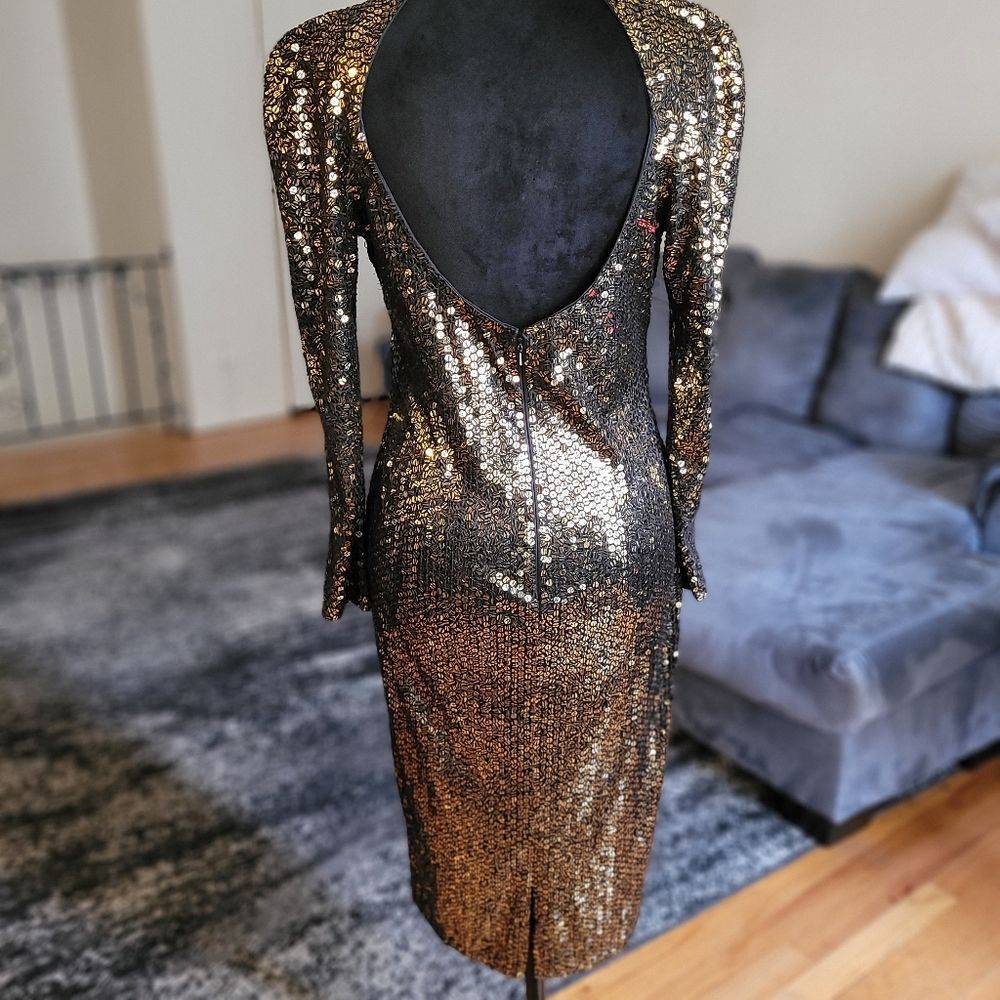 Vintage Sequin Long Sleeve Midi Dress - Gold - Size 8 - Picture 9 of 16